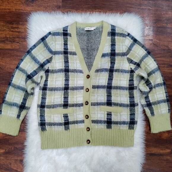 Tory Burch Light Green Mohair-Blend Plaid Brushed Intarsia-Knit Cardigan Medium - Picture 2 of 15